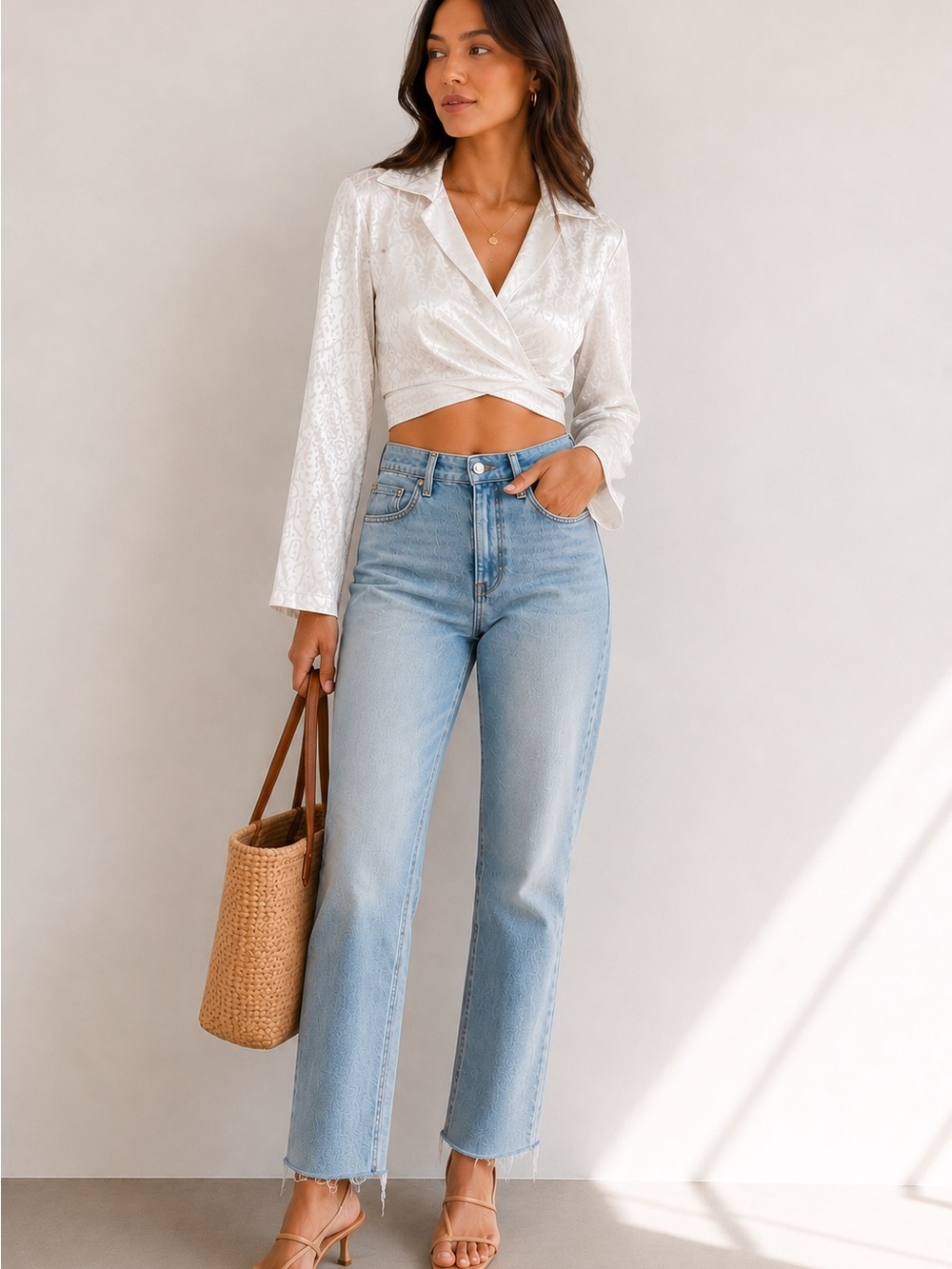 Cider Satin Like Animal Print Wrap Cropped Blouse